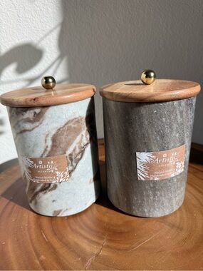 Marble Canister with Wooden Lid - Brown & Gray set of 2
